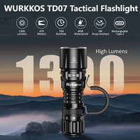 Wurkkos TD07 18350 Tactical Flashlight 1300LM 479M Long Range Rechargeable Lamp IP68 Mini Torch with Finger Ring Dual Switches