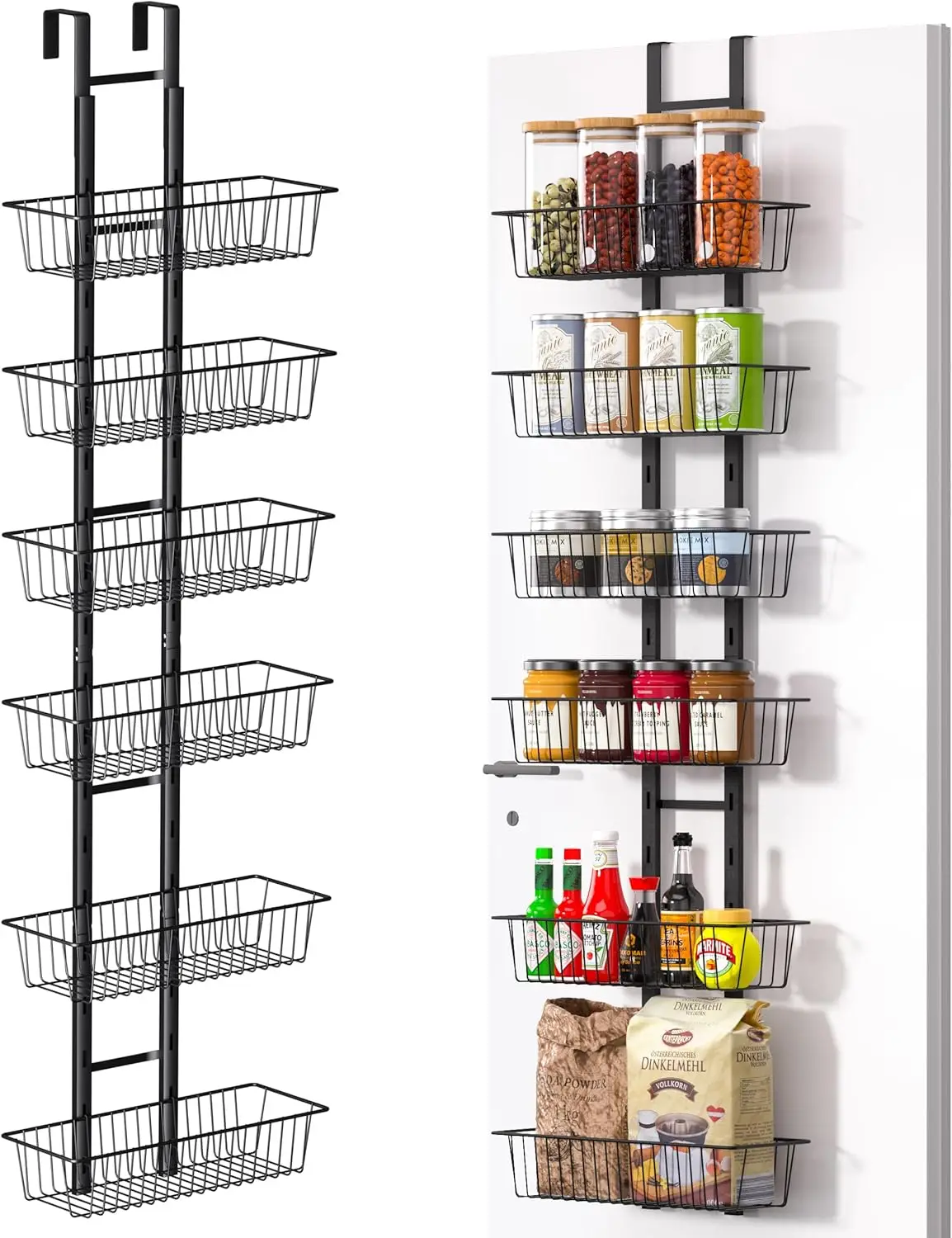 

Over the Door Pantry Organizer, 6-Tier Adjustable Over the Door Hanging Spice Rack, No-Assembly Foldable Metal Over the