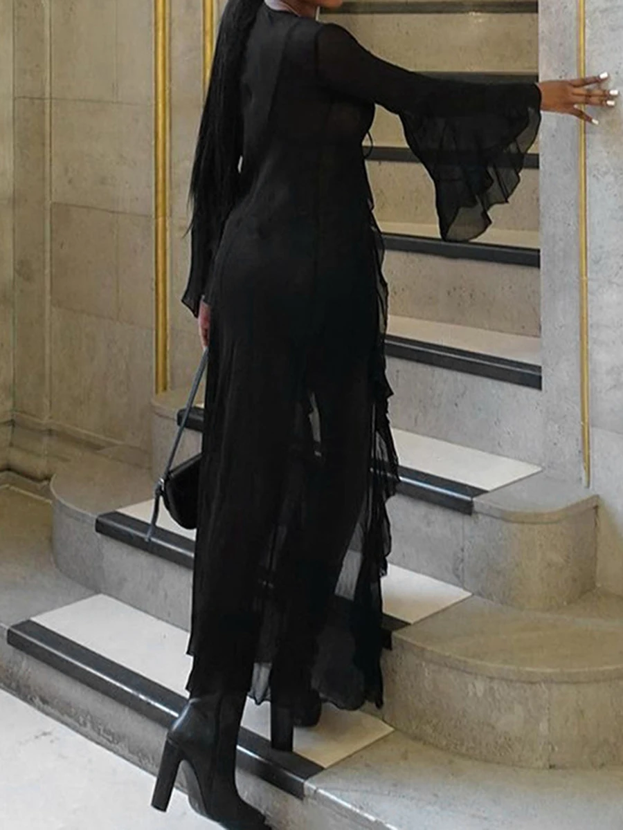 Edhomenn Women Y2k Sexy Sheer Mesh See Through Ruffle Long Dress Summer Tie Up Long Cardigan Open Front Cardigan Streetwear