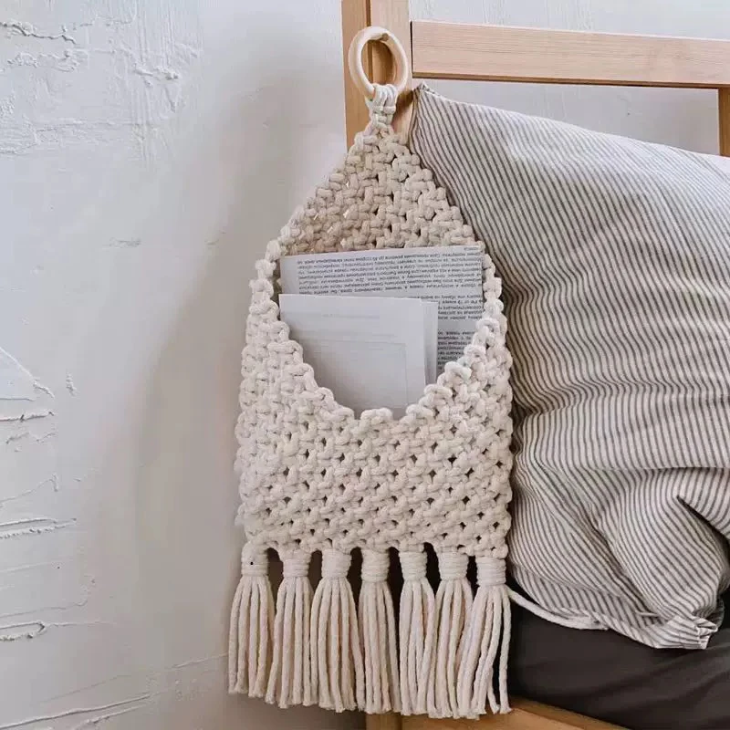 Nordic Style Handwoven Storage Bag Wall Decorative Tapestry for Book Document Organization Cotton Geometric Pattern Tote Bag