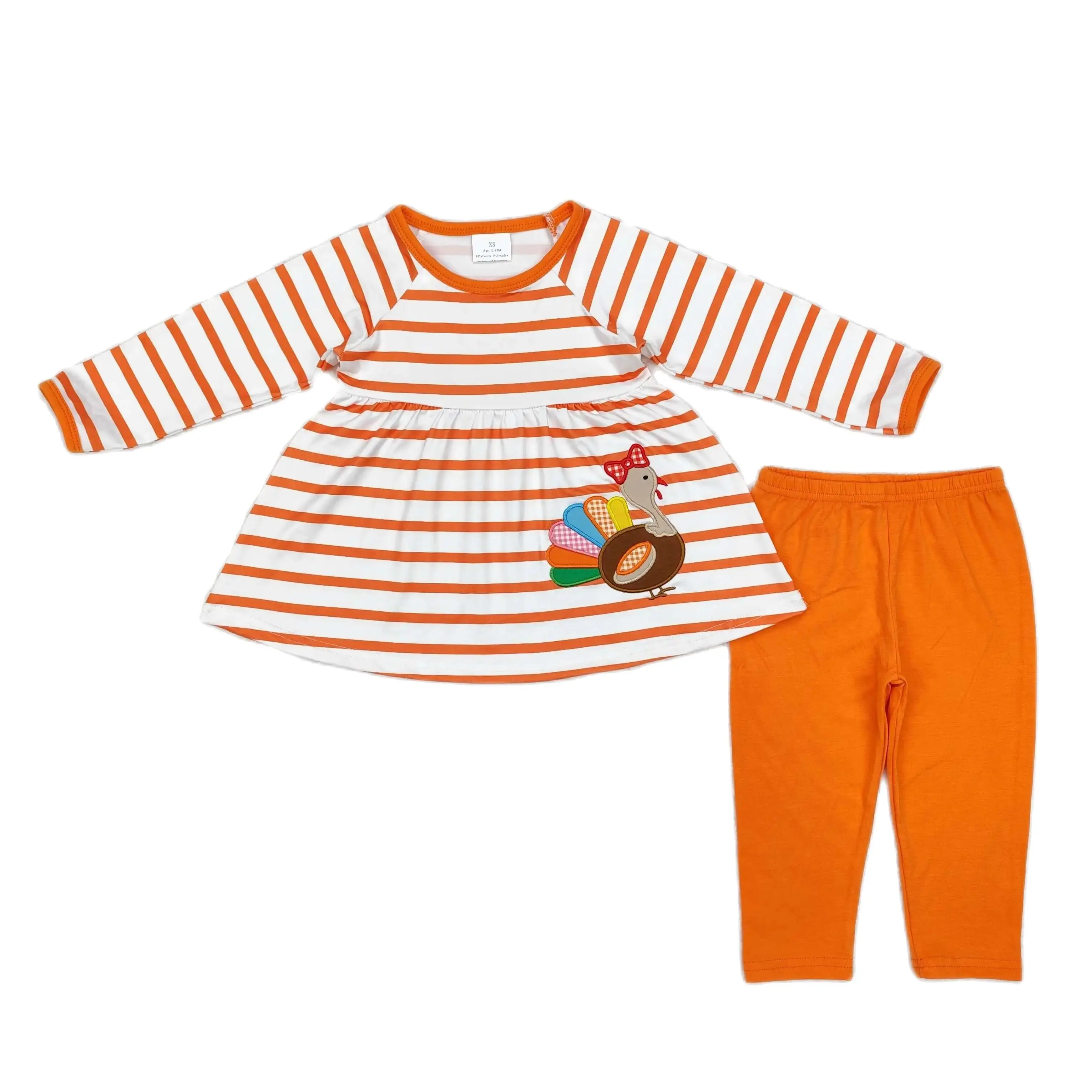 Wholesale Toddler RTS Baby Girl Embroidery Turkey T-shirt Orange Pants Children Thanksgiving Outfit Infant Kids Long Sleeves Set