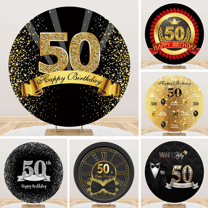 

Black and Gold Glitters Happy 50th Birthday Round Backdrop Woman Man's 50 Anniversary Party Decorations Circle Photo Background