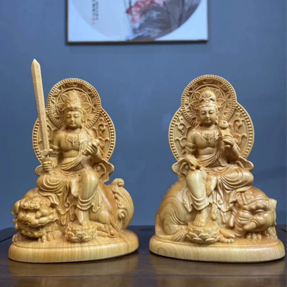 

Резная статуя Бодхисаттвы Манджушри Самантабхадры из кипарисового дерева, ручная работа, декор для дома, фэн-шуй, благоприятное украшение