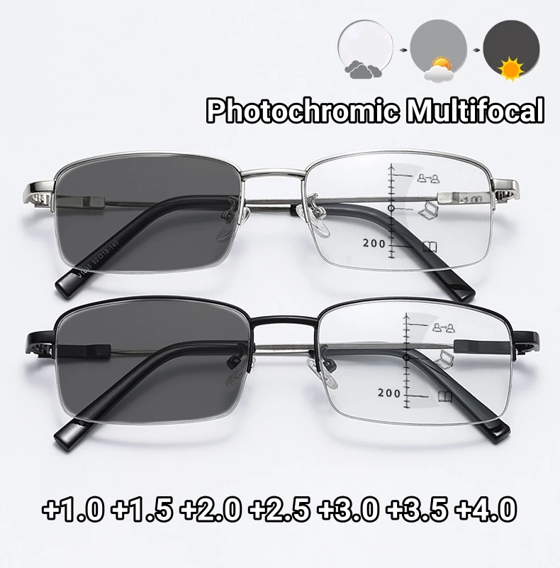 

Photochromic Multifocal Reading Glasses Metal Half-frame Anti-blue Light Presbyopia Glasses Men Business Farsighted Eyeglasses