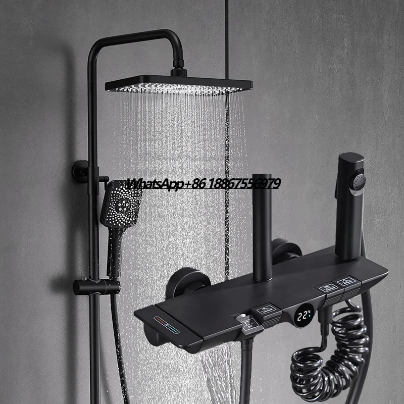 

LED Thermostatic Wall Mounted Shower System 4-Function Rainfall and Jet Spray Single-Handle Black Faucet for Hotels