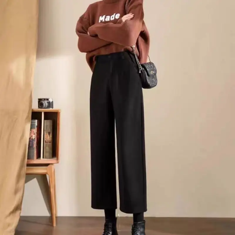 

Autumn Winter Thick Wide Leg Women Simplicity Office Lady Solid Color Straight Trend All-match High Waist Casual Cropped Pants