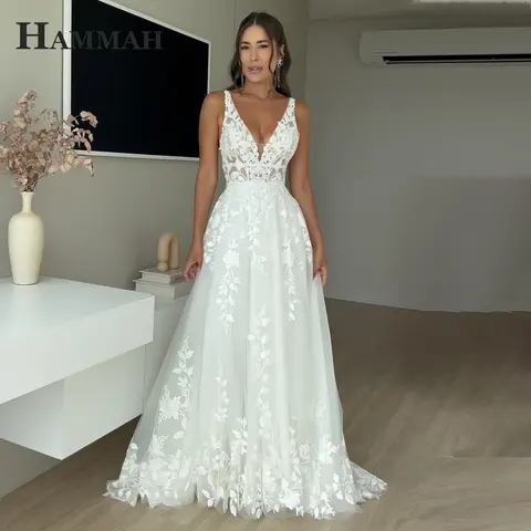 HAMMAH Classic Sleeveless Wedding Dress for Bride V-neck Lace Appliques A-line Chapel Train Vestido De Casamento Customized