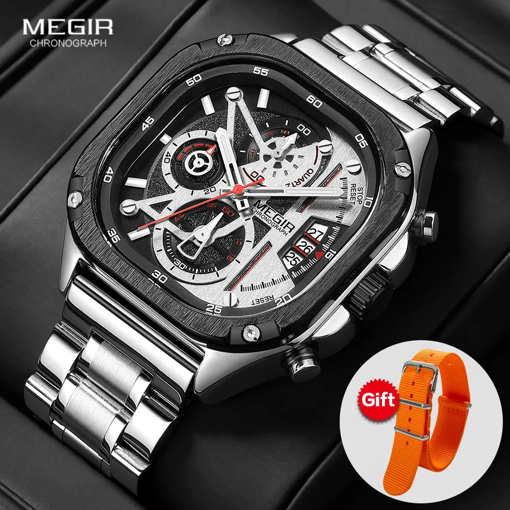 

MEGIR Square Dial Quartz Watch Men Fashion Chronograph Stainless Steel Strap Wristwatch with Luminous Hands Auto Date Silver