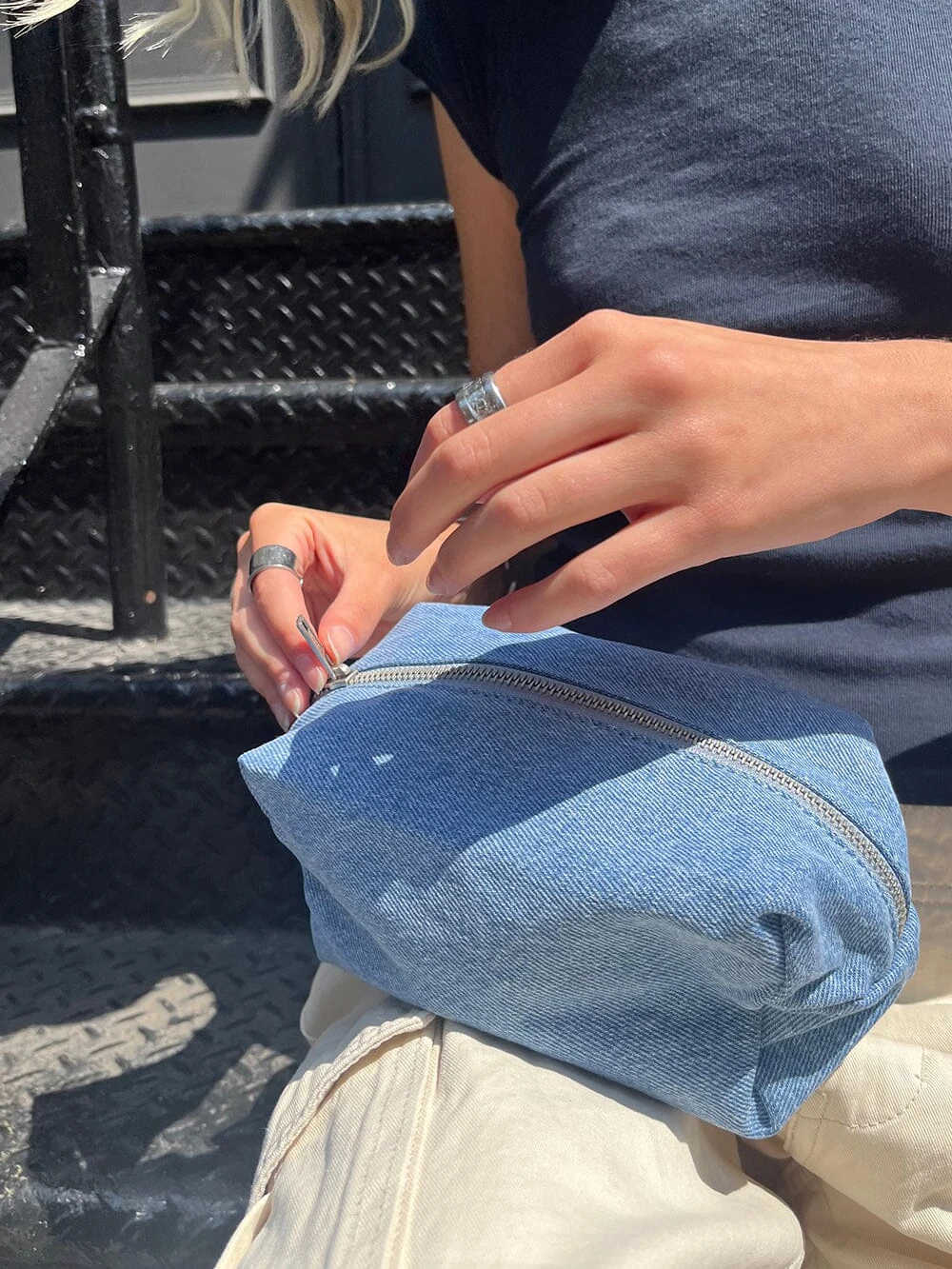 女性用ヴィンテージデニムメイクアップバッグ,学生用ペンシルバッグ,単色,ジッパー,カジュアル,シンプル,ソフト,高品質,ミニバッグ,y2k,ブルー,新品