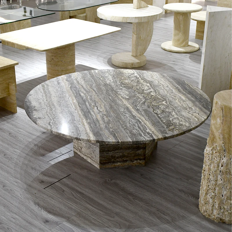 Nordic minimalist natural stone living room new style round top travertine coffee table natural marble wholesale customization