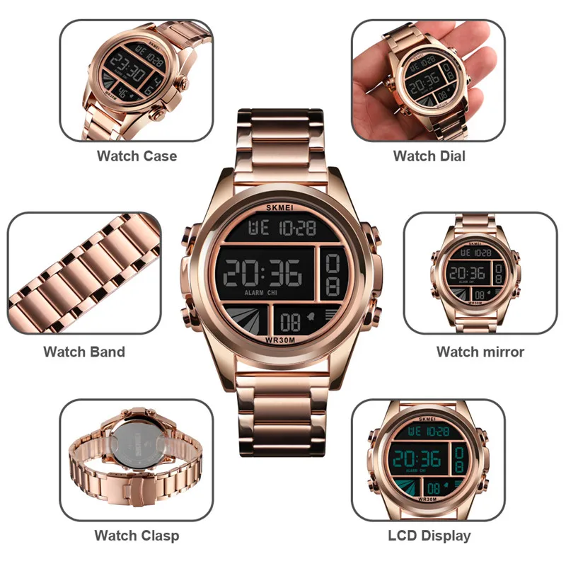 Skmei Men’s Digital Sports Watches Luxury Stainless Steel Strap Led Waterproof Chronograph Wristwatch Fashion Male Alarm Clock