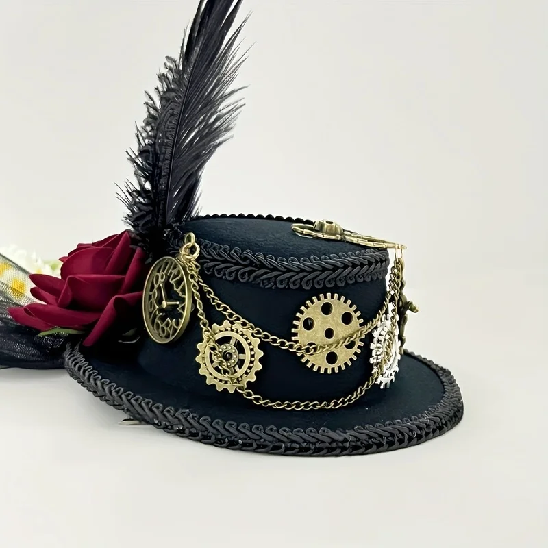 Punk Style Prom Fascinator Dark Gothic Hair Accessory Stage Costume Headdress Wine Red Rose Feather Barrette