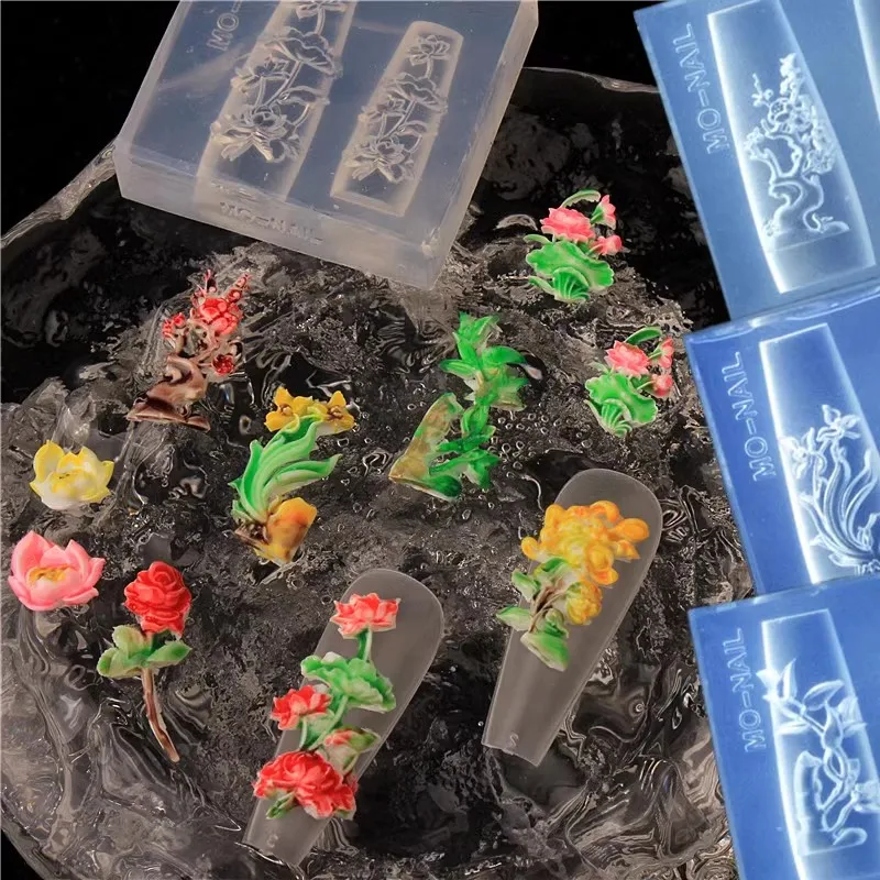 CS91-130 Plum Orchid Bamboo Chrysanthemum Dragon Phoenix Snake 3D Carving Silicone Nail Mold DIY Manicure Deco Tools