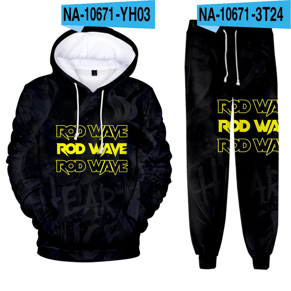 Rod Wave-chándal con estampado 3D para hombre, conjunto de dos piezas, Sudadera con capucha y pantalones, traje deportivo informal, ropa deportiva