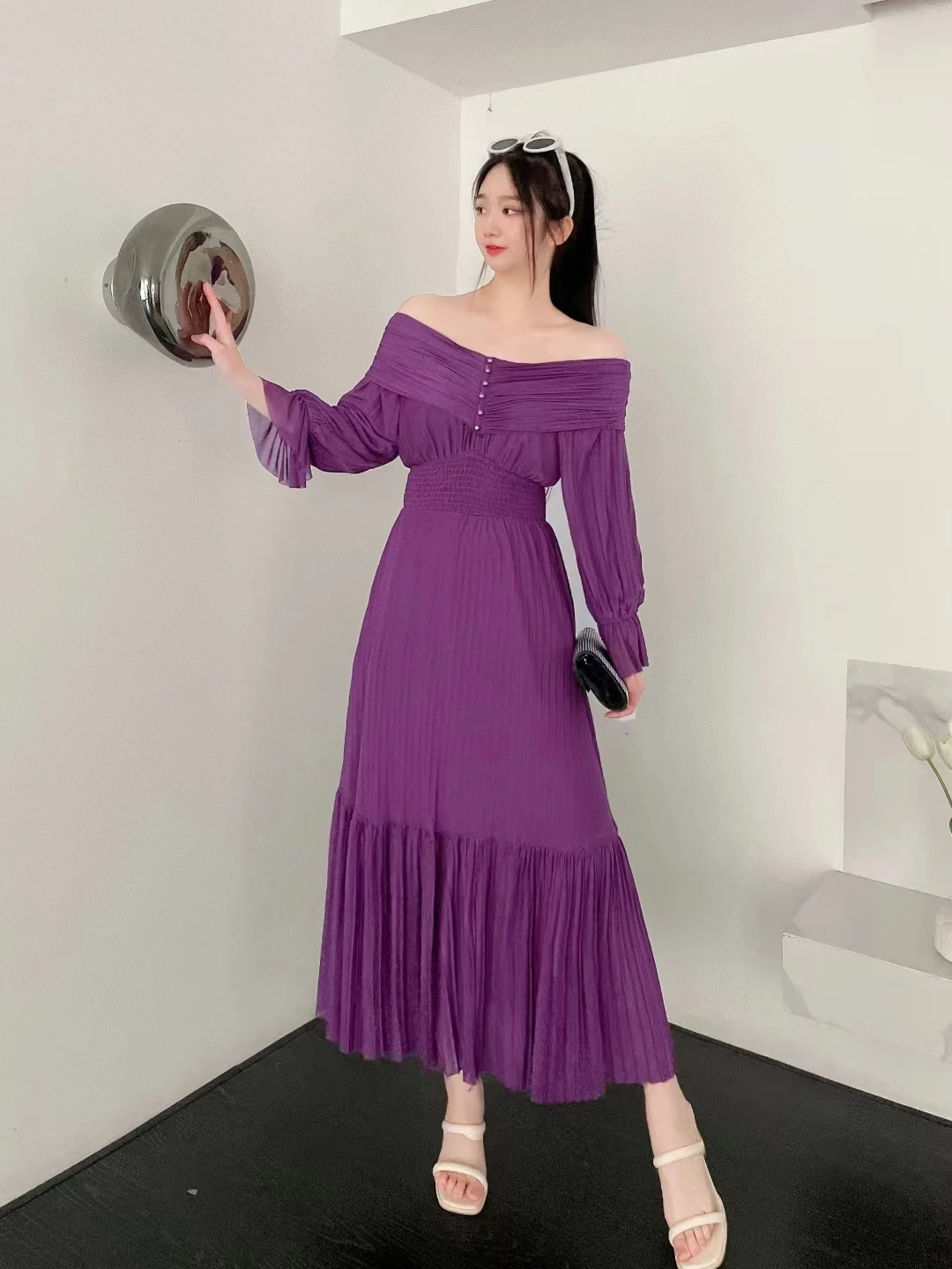 2023 New Spring Autumn Women Sexy Slash Neck Long Sleeve Slim Long Dress High Quality Fashion Designer Miyake Pleated Dress