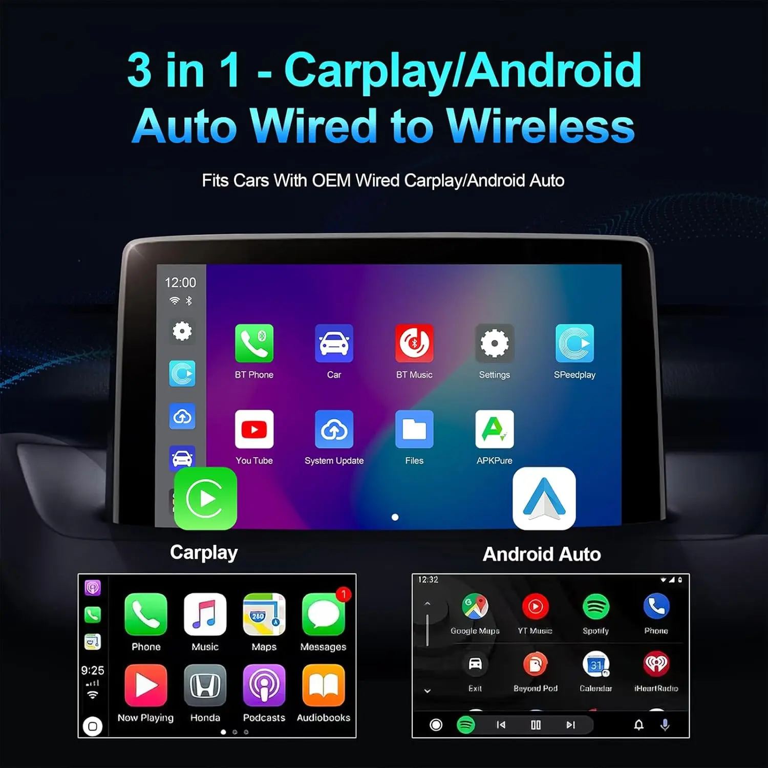 محول CarPlay اللاسلكي 3 في 1، صندوق CarPlay AI لهاتف iPhone iOS 9+، WiFi، التوصيل والتشغيل، يدعم YouTube، Netflix، Google، TF Card