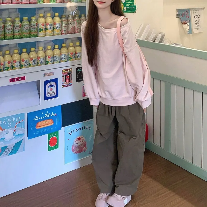 

Stylish Skew Collar Off Shoulder Sweatshirts Spring Autumn Solid Color Women's Clothing Loose Casual Long Sleeve Basic Pullovers