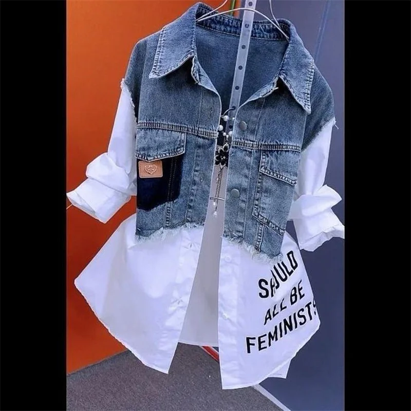 Women's Denim Jacket Design Fake Two Denim Shirts Women's 2024 Spring and Autumn Casual Fashion Joker Stitching Striped Tops