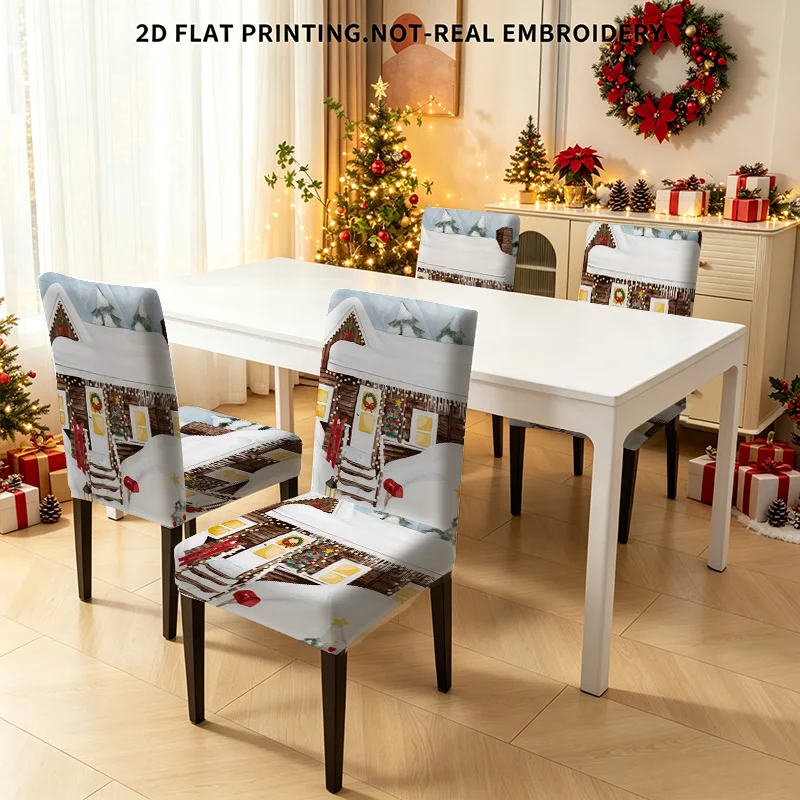 2/4/6 PCS Christmas snow chalet dining chair covers 2D flat printed snow view Christmas restaurant holiday decoration