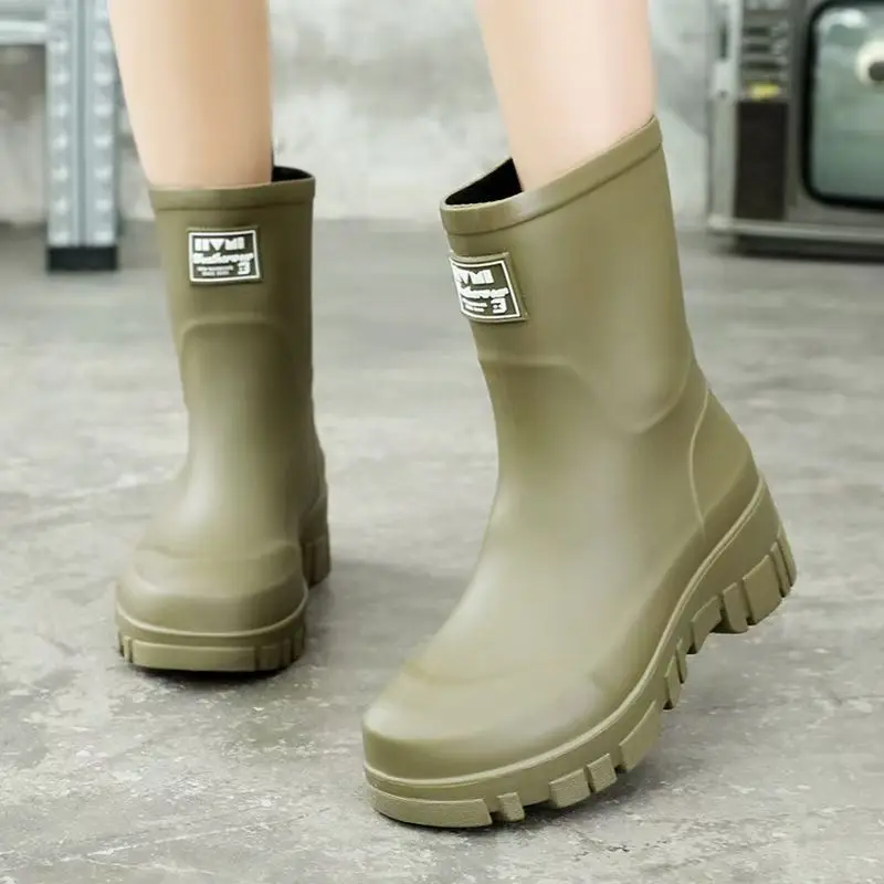 Women's Four Seasons New High Top Rain Shoe Thick Sole Non Slip Waterproof  Slip On Kitchen Work Shoes Block Heel Garden Shoes