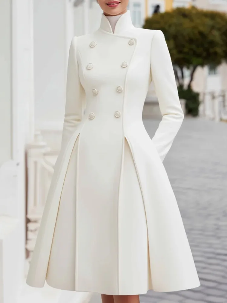 Robe longue mi-longue à col montant boutonné de style britannique pour femmes Yeezzi, manches longues, taille haute, plissée, robe de soirée trapèze