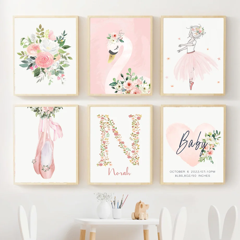 Boho Wall Art Print Canvas Poster Pink Swan Ballet Floral Baby Birth Stats Artwork Girls Bedroom Nursery Home Decor Newborn Gift