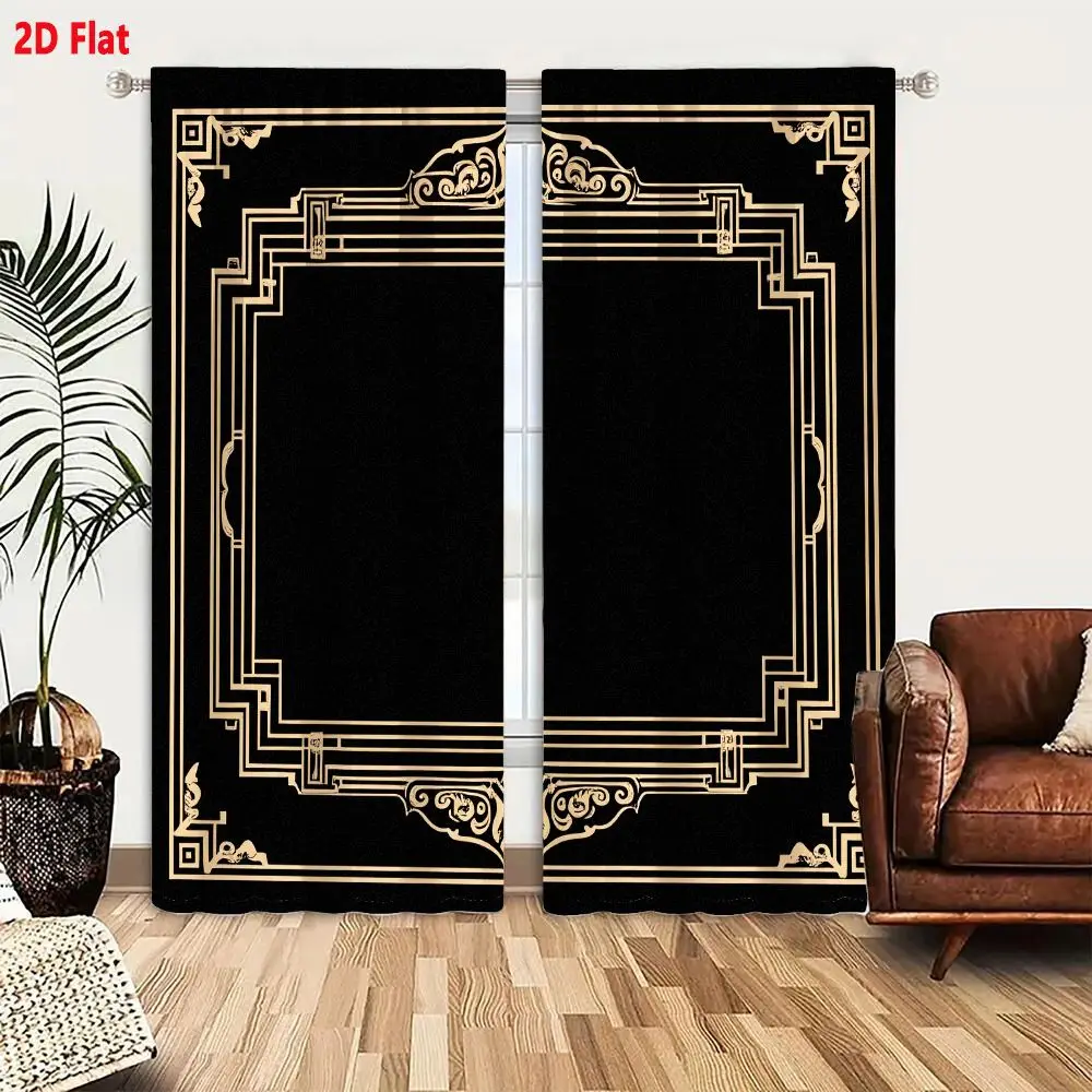 2Pcs Curtains Add 2D Flat Art Deco Golden Frame With Floral Motifs And Geometric Accents For Luxury Invitations Window Drapes fo