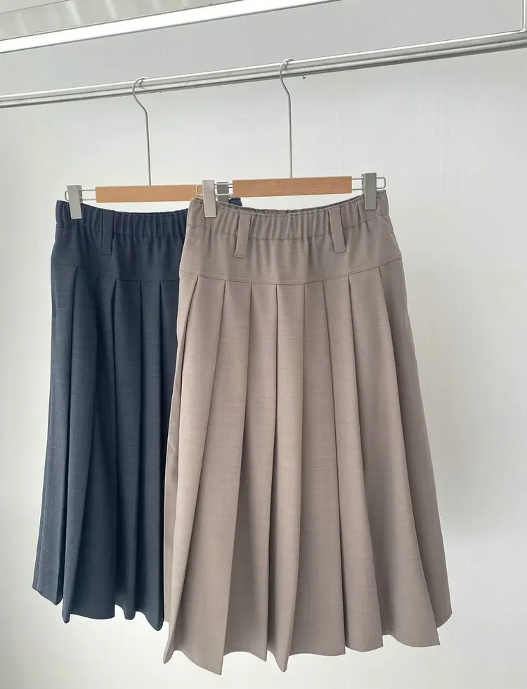 

Women Bead Chain Midi Skirt Autumn 2024 Solid Color Elastic Waist A-Line Pleated Elegant Loose Long Jupe