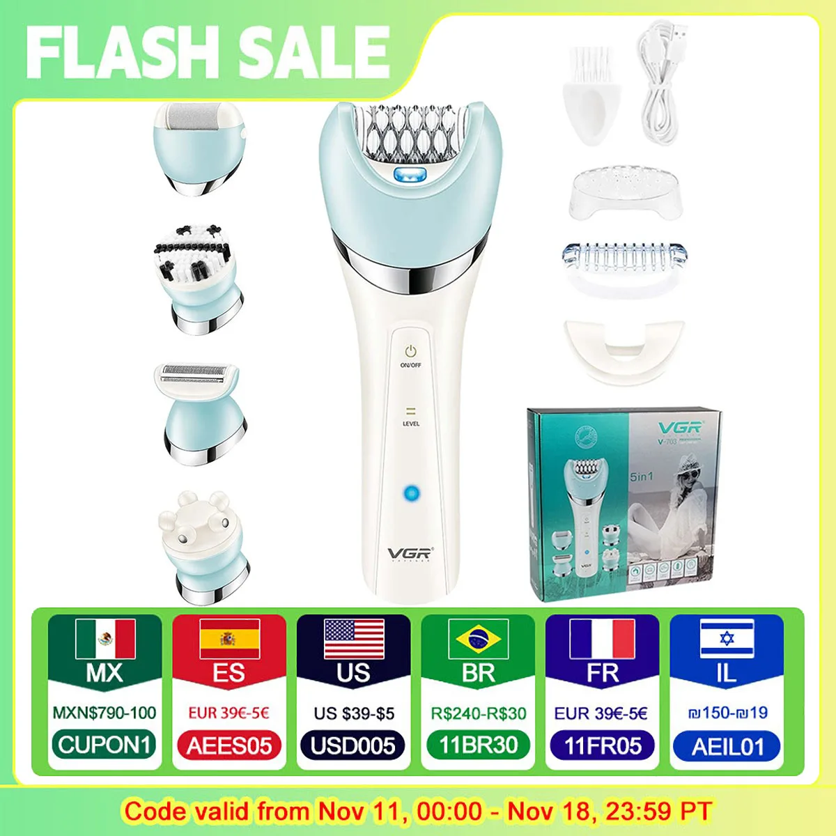 VGR Epilator 5 In 1 Electri Women Epilator Female Shaver Leg Body Hair Remover Lady Bikini Trimmer Facial Cleaning Massage V-703