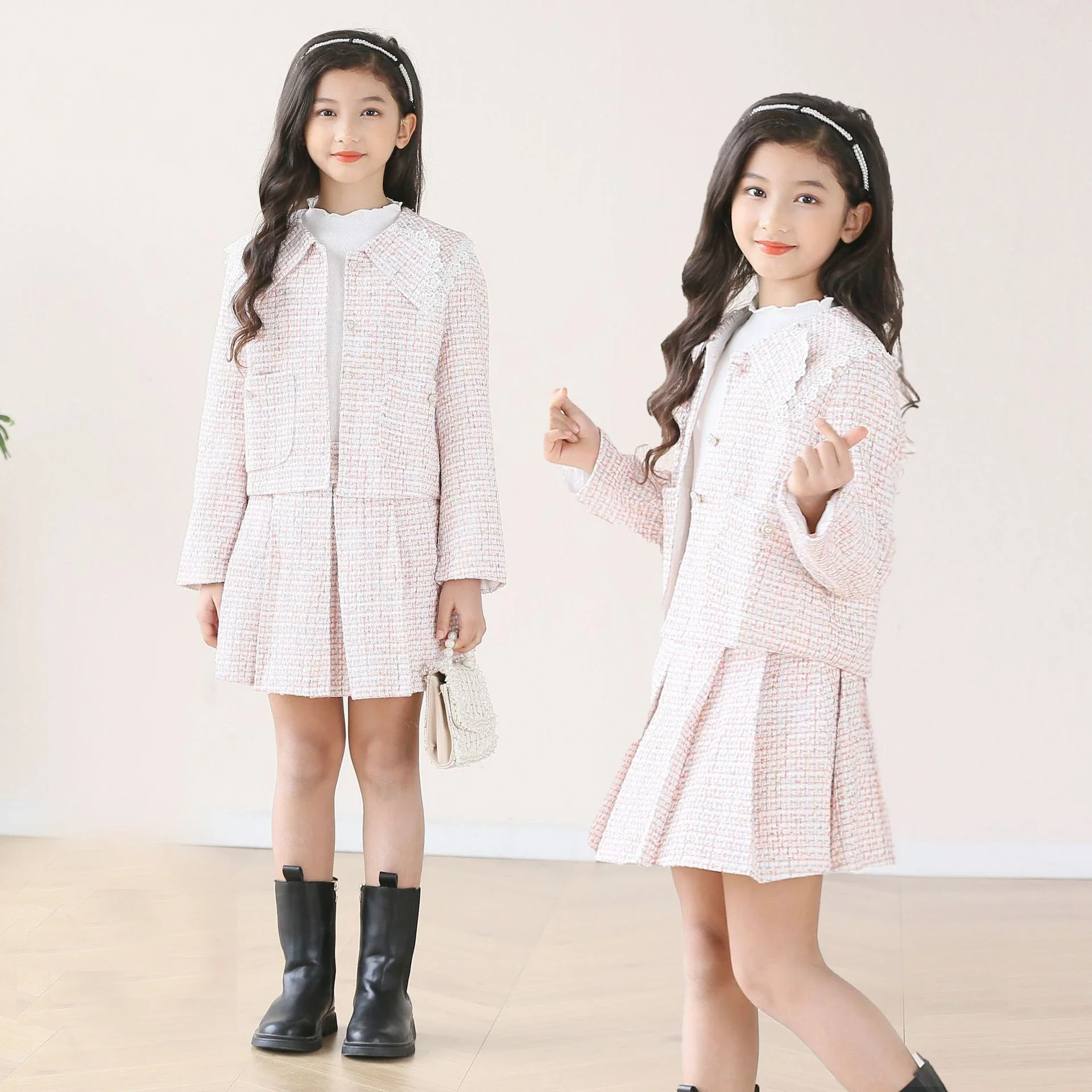 Girls New Little Fragrant Set Teen Fashion Coat Half Skirt 2PCS Princess Pleated Skirt Korean Edition Children Model Outfit6-16Y