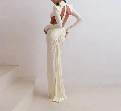 

Womens Dresses 2025 Spring Summer New Solid Color Sexy Backless Mock Neck Long Sleeved Temperamento Pleated Splicing Long Dress