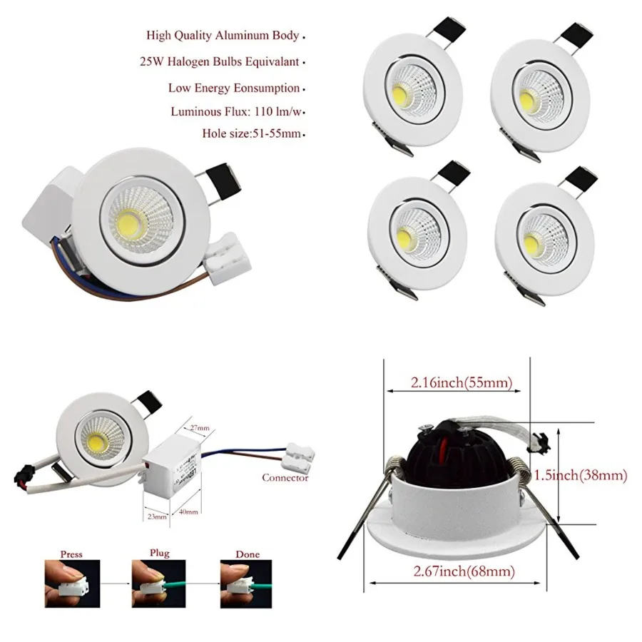 

Recessed Downlight 110V Dimmable 3WCOB CRI80 Spotlight Lamp Daylight 2 Inch Adjustable Angle Lighting Kits 5000K-5500K Ceiling
