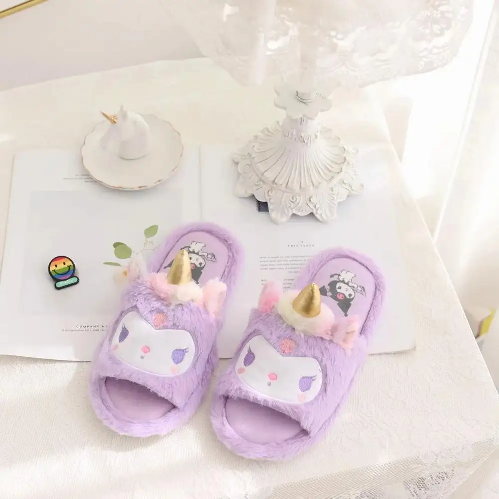 Zapatillas de casa Kuromi con Boca de pescado de Anime para mujer, Cinnamoroll, gatito de dibujos animados, Otoño Invierno, niñas, estudiantes, pantuflas cálidas de algodón para interiores