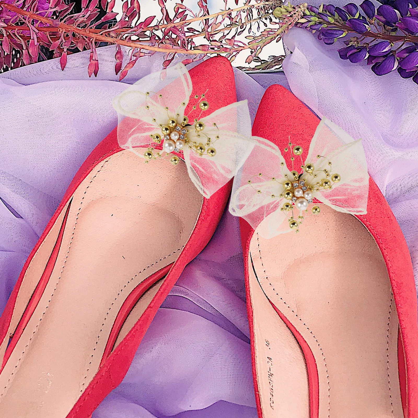 

2Pcs Detachable Pearl Bowknot Shoe Clips Mesh Bow Decorative Removable Wedding Party Shoe Charms for Women Clip