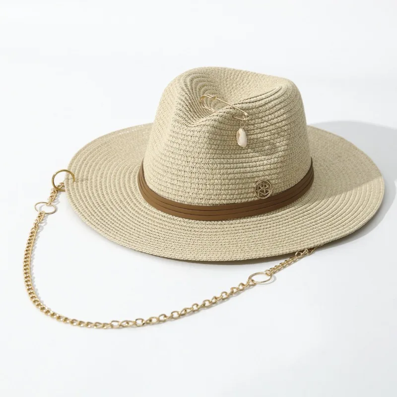 Women's Spring Summer Chain Wide Brim Straw Fedora Sun Beach Hat with Pin