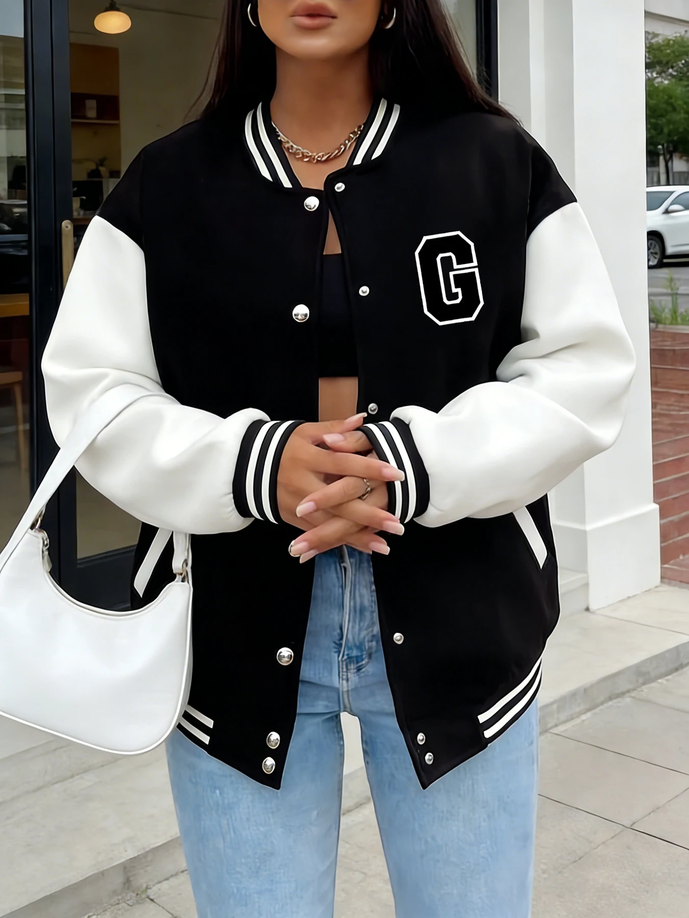 Mulheres oversized jaqueta do time do colégio carta g impressão manga longa botão frente bombardeiro jaqueta casual streetwear outerwear primavera outono