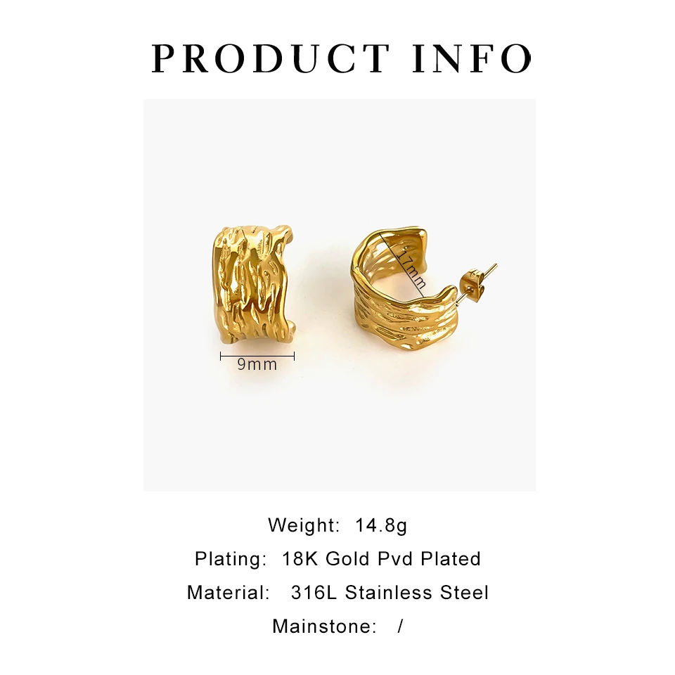 Peri\'sbox Minimalist Wide Gold Plated Hammered C-Shaped Hoop Earrings for Women Stainless Steel Anti-Tarnish Jewelry Party Gifts