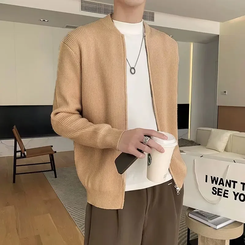 2025 New Men V Neck Sweaters Zipper Cardigan Flat Knitted Long Sleeve Jumpers Solid Loose Sweater Casual Slight Strech Winter