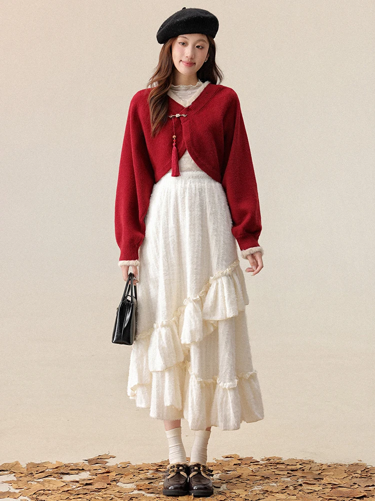 

Красный вязаный свитер с дизайнерским акцентом, многослойный, с внутренней юбкой-футляром, в стиле ретро, свободного кроя, зимний, женский, модный