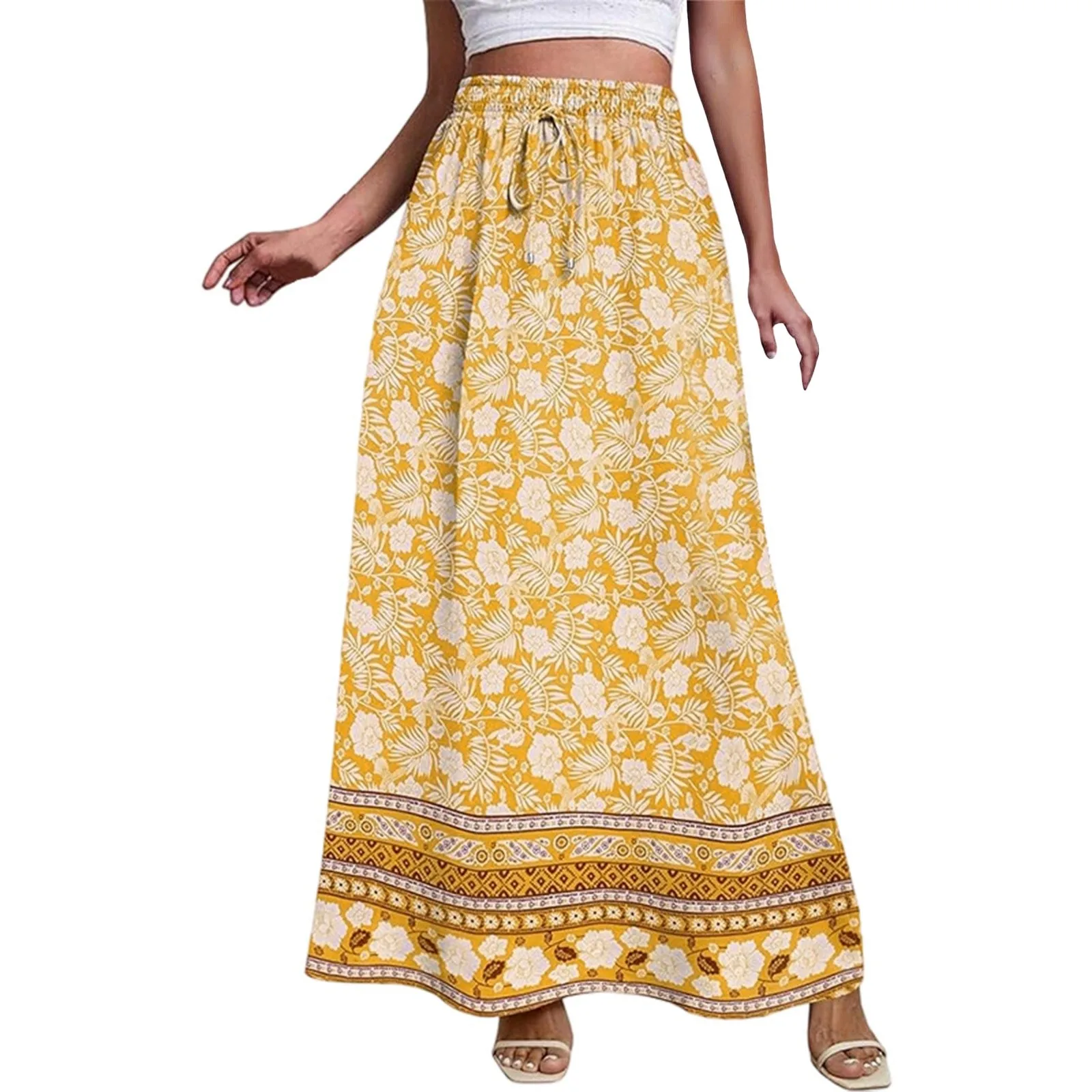 

2025 Women Spring Summer Skirt Bohemian Beach Vacation Skirt Drawstring Elastic High Waist Skirt Casual Breathable Long Skirts