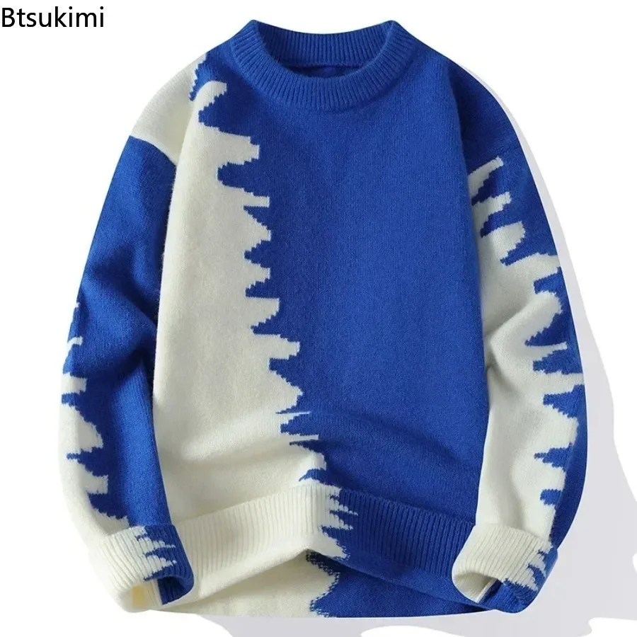 Men Contrast Color Thick Knitted Sweater Autumn Oversized Warm Pullover Teenagers Loose Thermal Basic Bottoming Woolen Knitwear