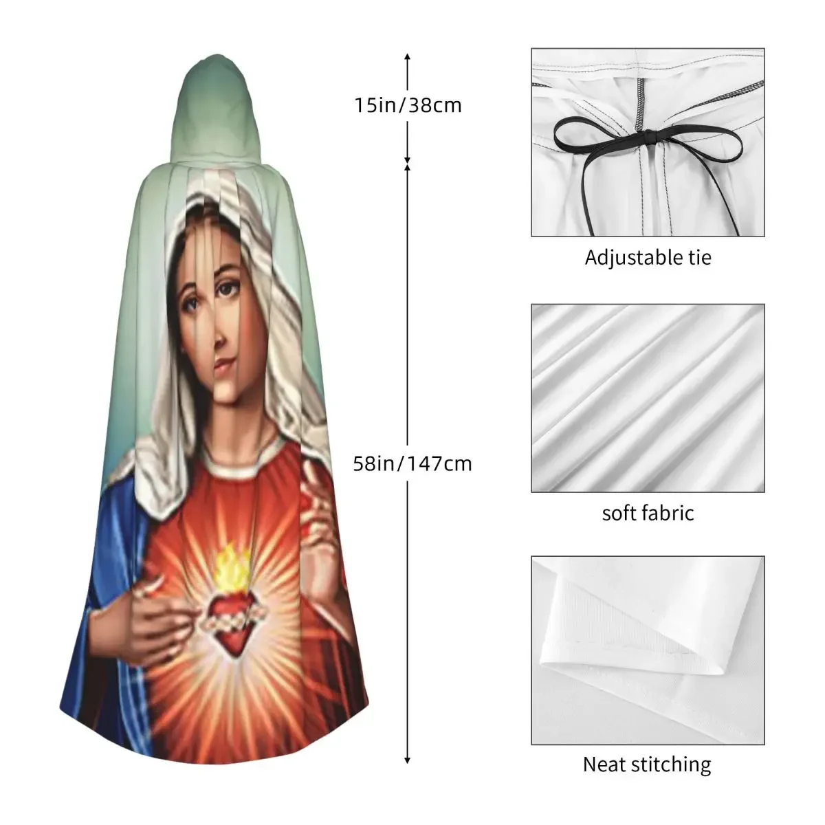 Custom Immaculate Heart Of Mary Virgin Mary Long Hooded Cloak Witch Medieval Costume Cosplay Cape HalloweenParty Adult Unisex
