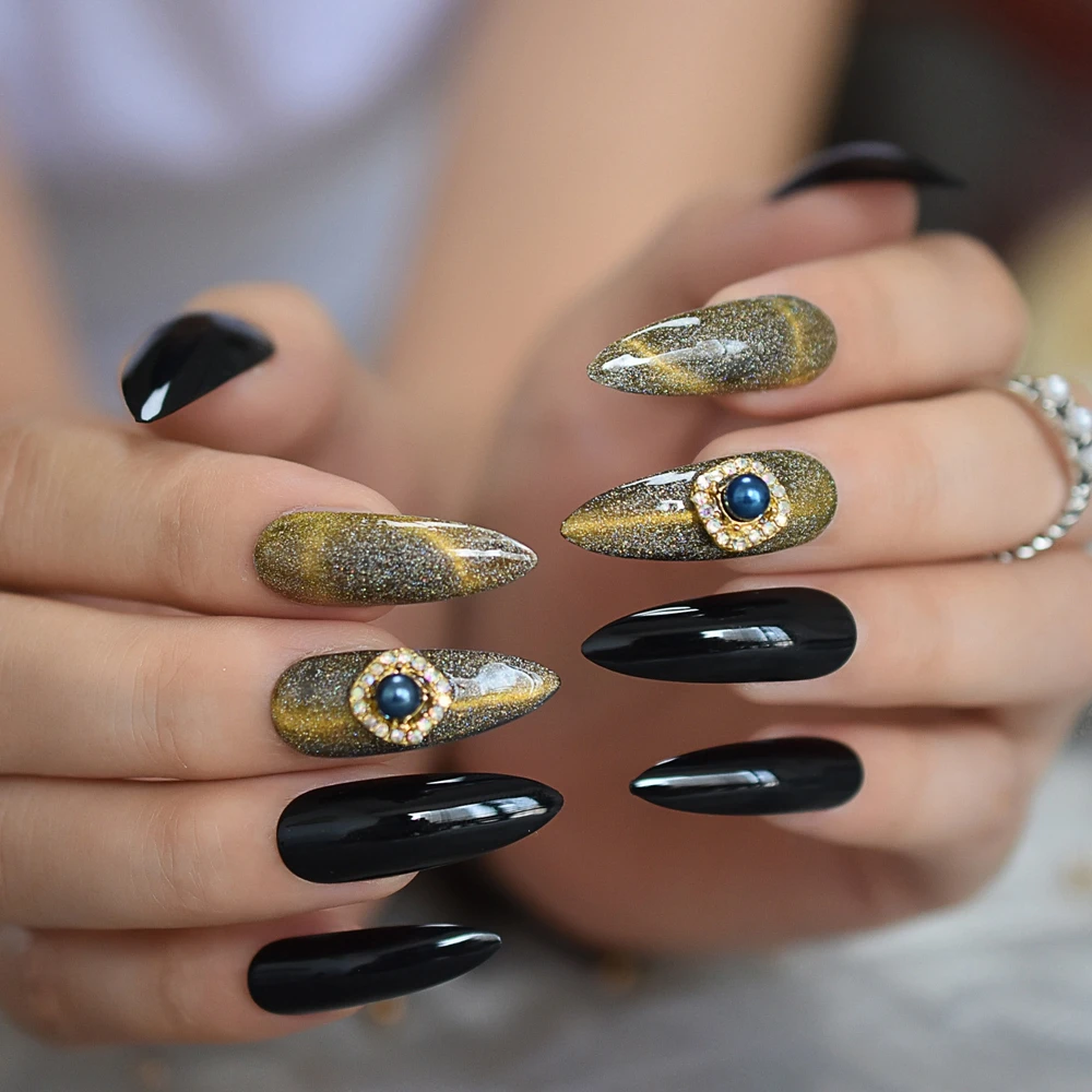 Fashion Cat Eye 3D Luxe Jewelry Gems Stiletto False Fake Nails Extra Long Press on Party Finger Wear Star Shimmer Starry Style