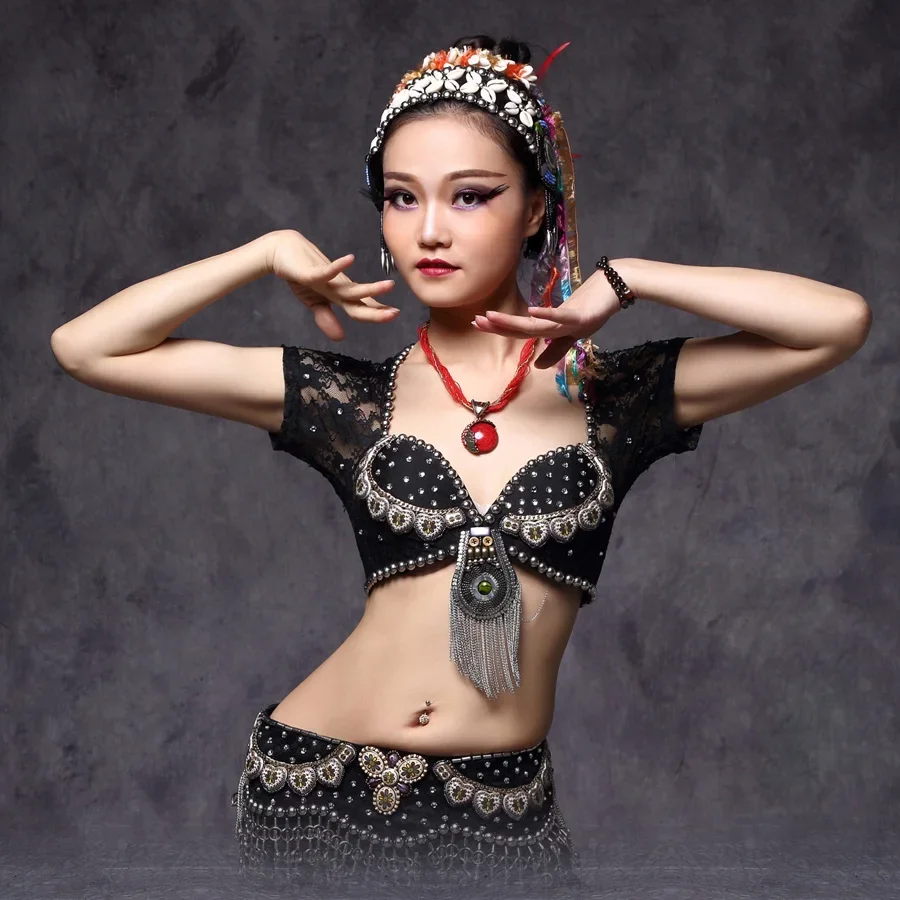 ATS Tribal Belly Dance Bra Tops Metallic Studs Push Up BeadsBra B/C CUP Vintage Coins Top Gypsy Dance Bra Lace