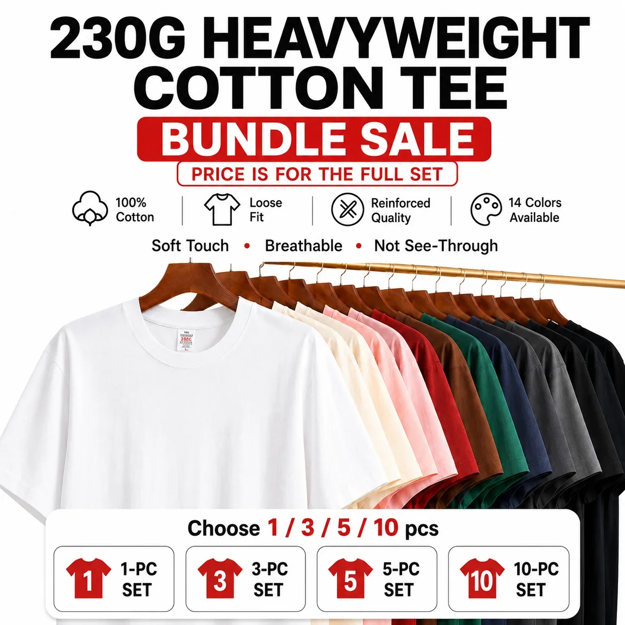 230GSM Heavyweight 100% Cotton T-Shirt 1/3/5/10 Pack Hide Belly Loose Fit Thick Streetwear Short Sleeve Solid Basic Casual Tee