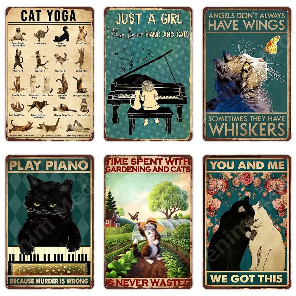 Vintage Black Cat Metal Sign Cat Yoga Metal Poster Wall Decor for Home Kitchen Cafe Bar Sign Gift for Cat Lover metal sign