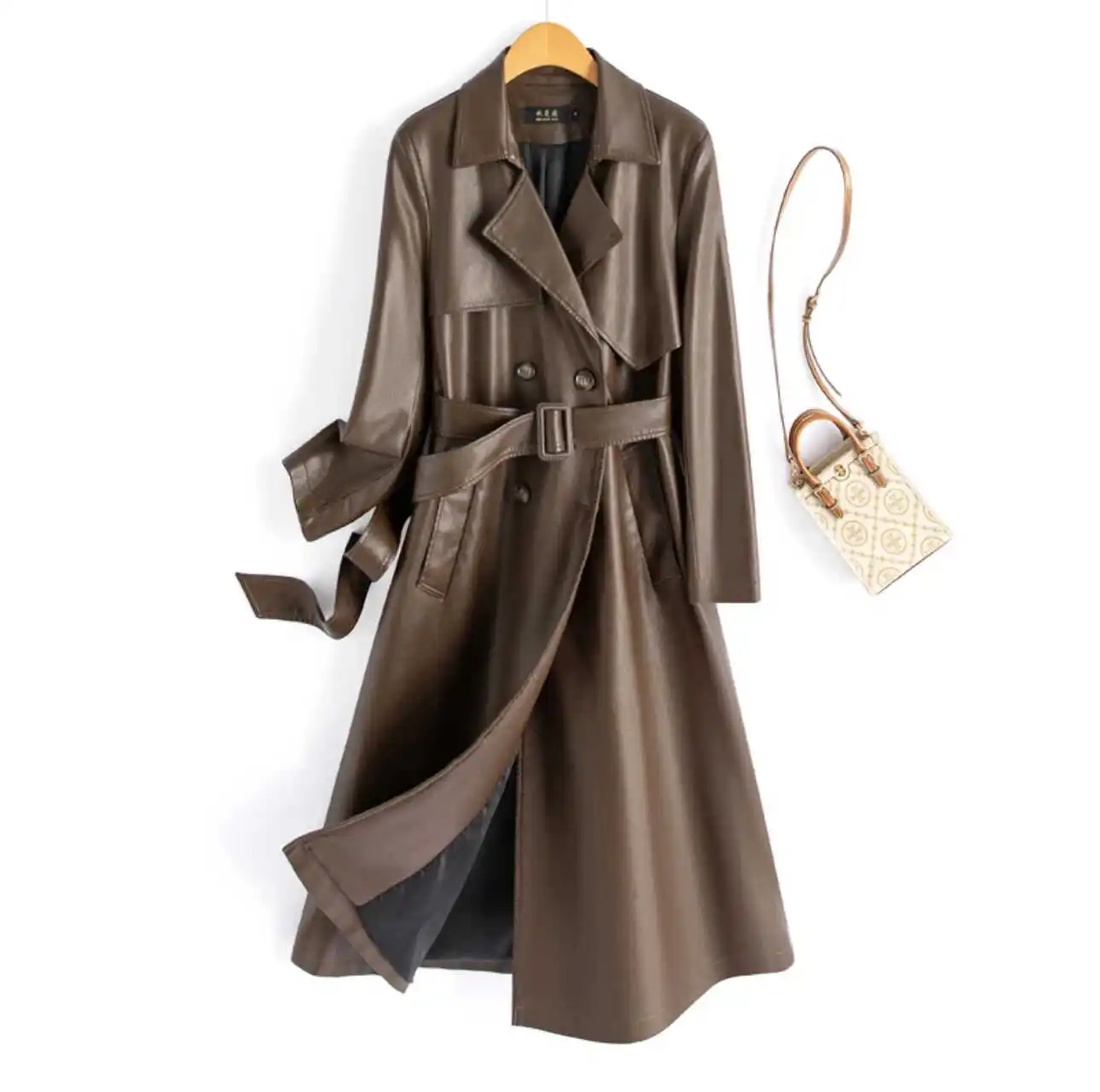 Faionable Casual Haening Leather Jaet Women's Long Slim Fit Waist Belt Windbreaker Outerwear Sli Long Sve Coat