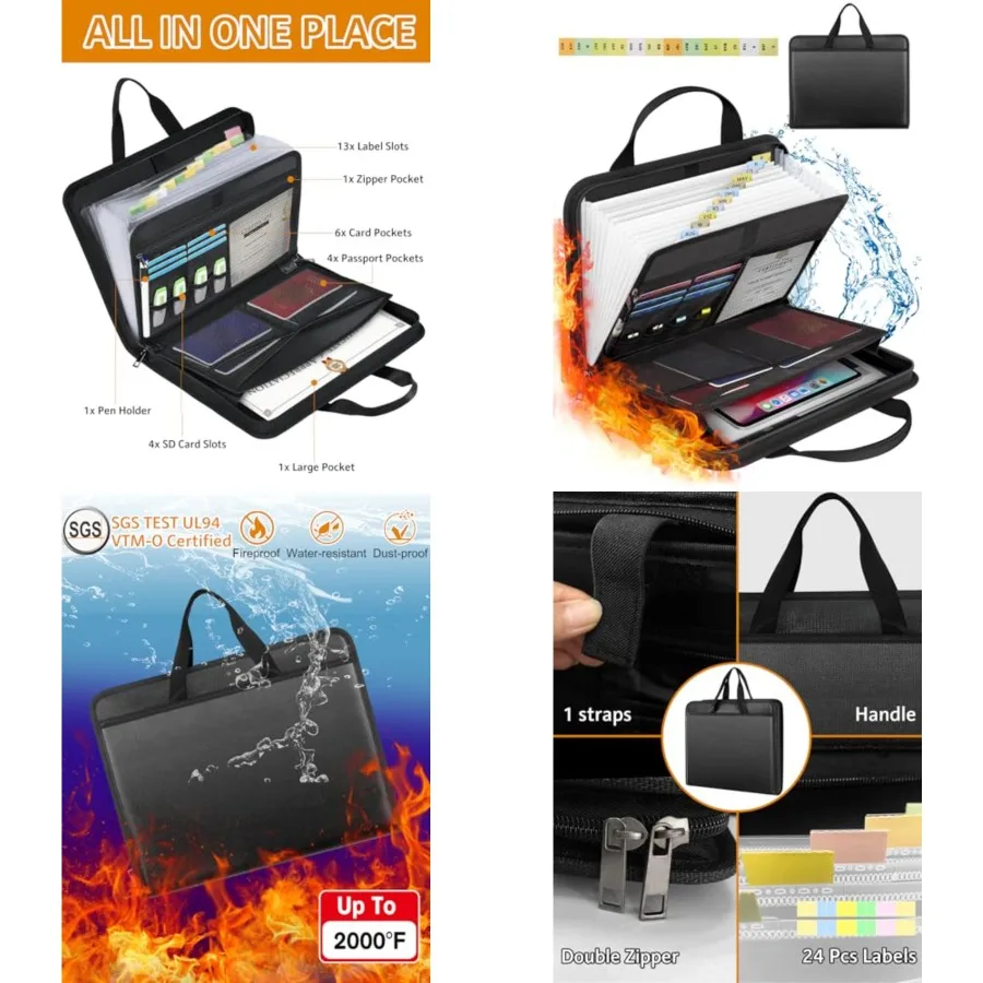 

Fireproof Expanding File Folder Storage Box with Zipper and Labels 13-Pocket Accordion Organizer for Business Office Receipts T