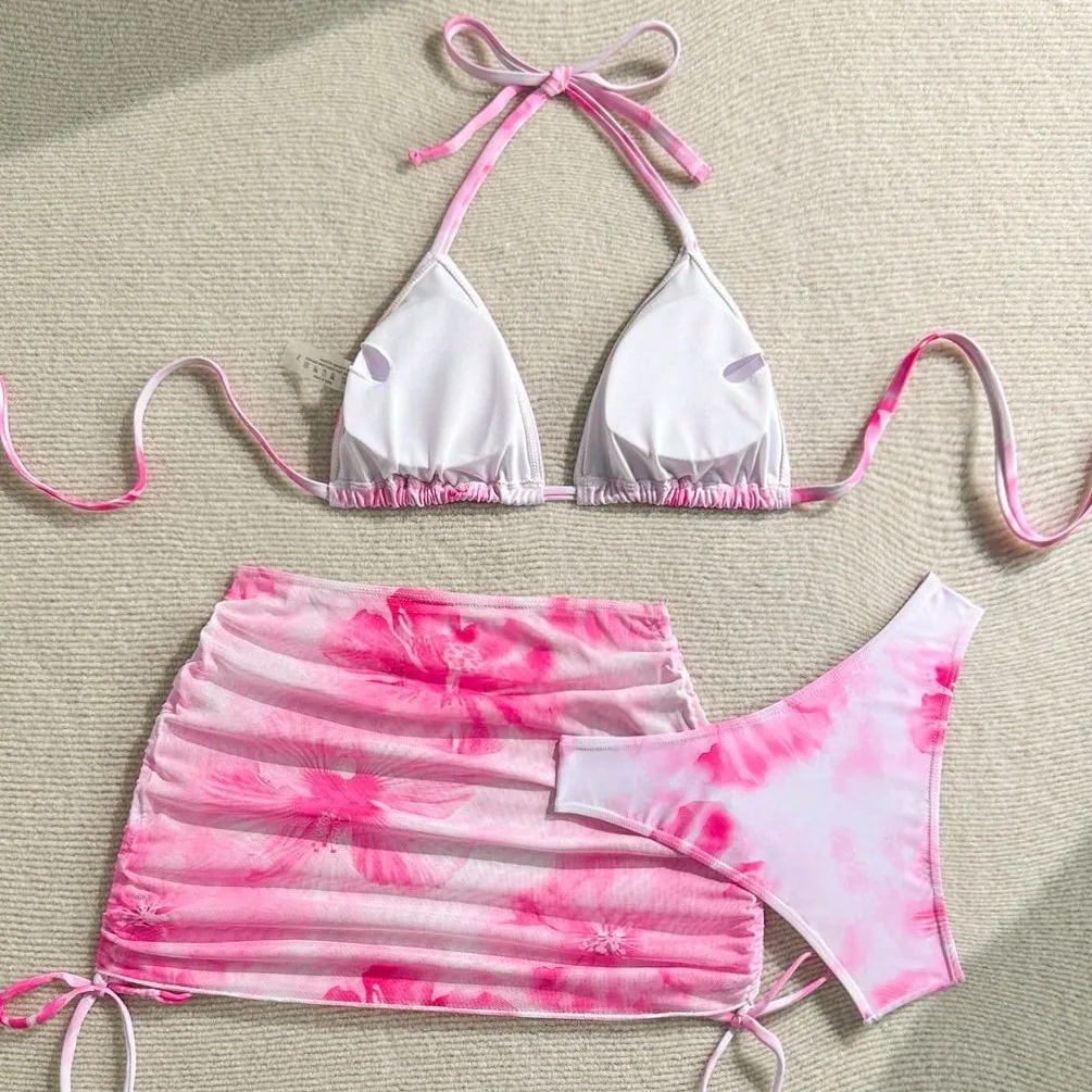 Conjunto de Bikini Sexy de 3 piezas para mujer, traje de baño dividido estampado con correa para el cuello, traje de baño con falda cubierta, traje de baño Biquine Brasileiro