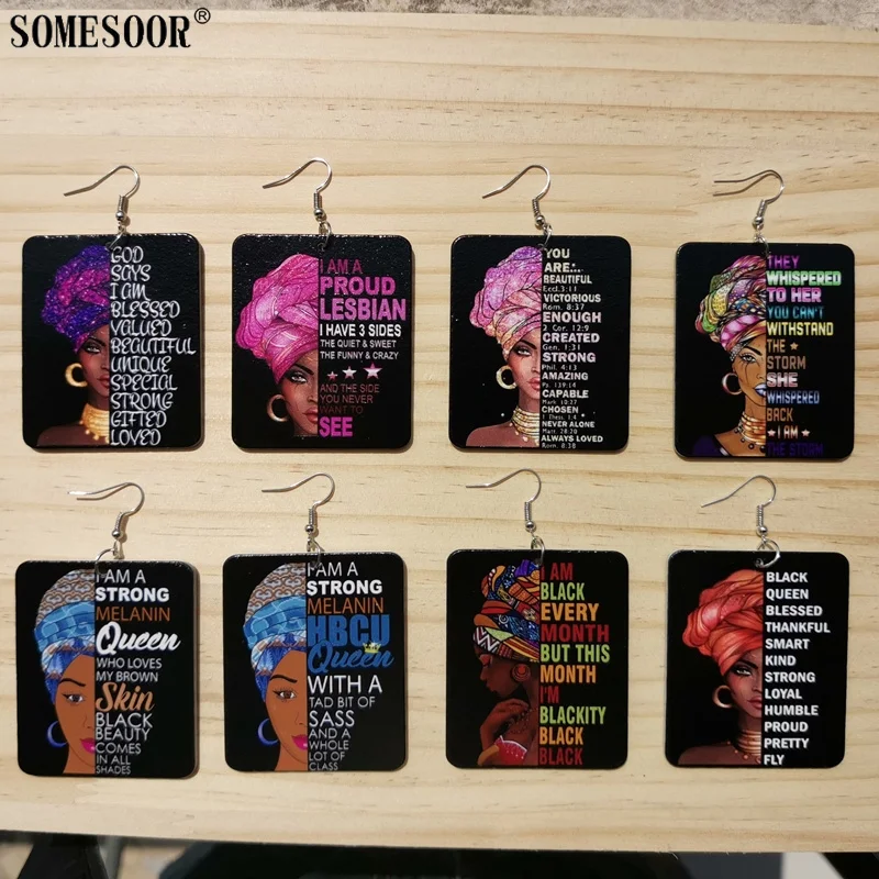 SOMESOOR Black Queen Have 3 Sides Sayings Print Wooden Drop Earrings For Women God Blessed Whispered Strong Melanin Wood Jewelry